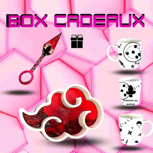 Exemple de box cadeaux avec décoration Akatsuki, tasse et Kunai