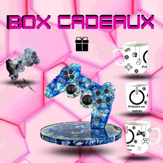 Exemple de box cadeaux gamer avec manette de playstation, tasse, et porte-clé