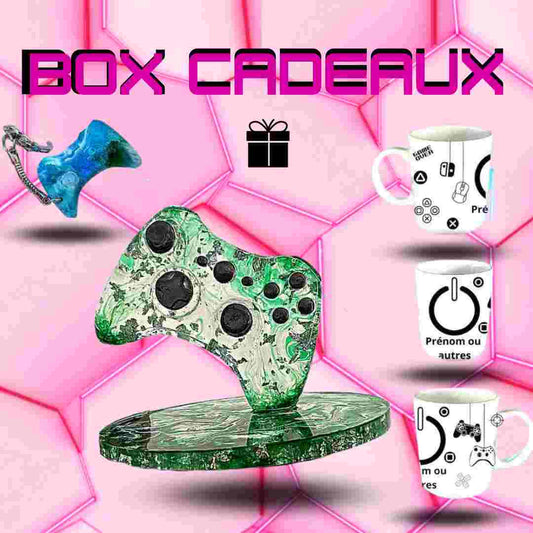 Exemple de box cadeaux gamer avec manette Xbox, tasse et porte-clé